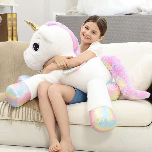 44 Inch Giant Unicorn Stuffed Animal Pillow, Cute Soft Big Plush Toy with Rainbow Wings, Gift for Kids