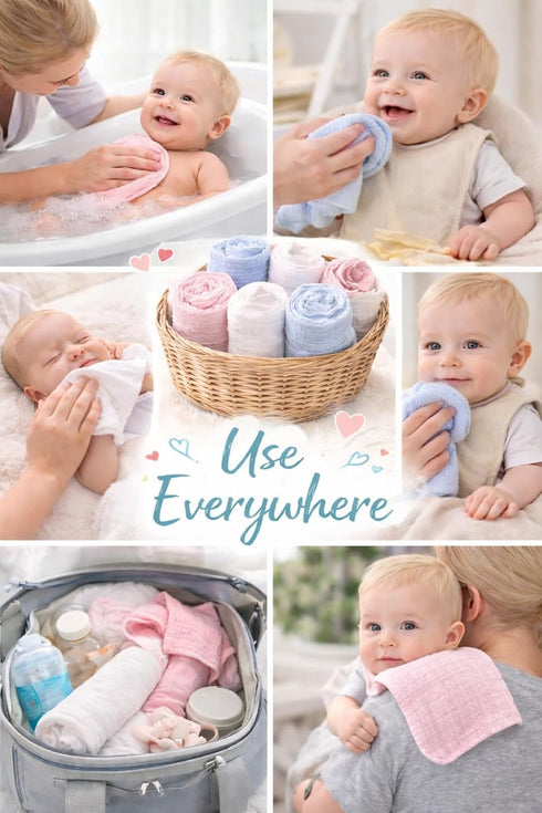 Kestel 3-Pack, 100% 6-Layer 8x8 inches Baby Washcloths, Cotton Soft Absorbent, Muslin Wash Cloths and Face Towels, Baby