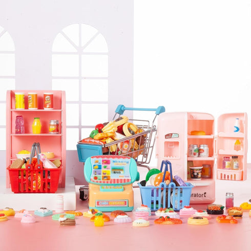 WEHOO 164Pcs Mini Shopping Cart Basket Miniature Food Drink Toy Supermarket Metal Handcart Trolley DollHouse Store