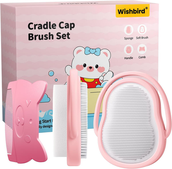Wishbird 3-in-1 Baby Cradle Cap Brush kit, Soft Baby Brush, Curved Comb &