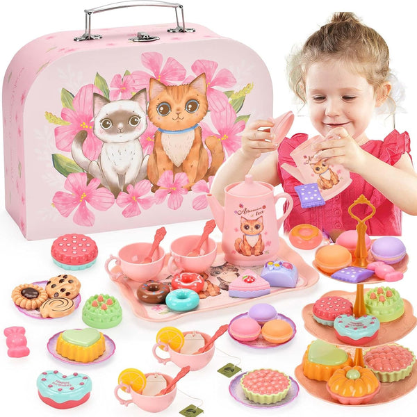 Toddler Toys Tea Party Set for Little Girls, 44 pcs Pretend Plastic Teapot Set with Desserts, Carrying Case for Ages 3-6