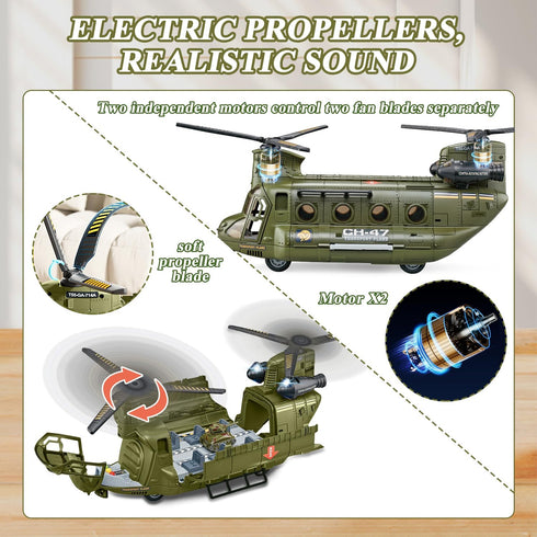 Yiwsnust Set Playset Military Helicopter Toys with Light - Friction Powered Transport Helicopter Toy with Army Tanks