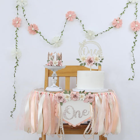 1st 1st DCJHFJ Wildflower High Chair Banner Birthday Party Decorations for Girl Light Pink One Flower Cake Topper