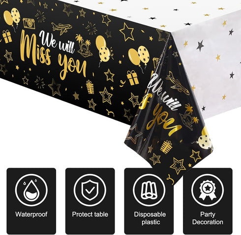 Tatuo 3 Pieces Gold We Will Miss You Tablecloth Going Away Party Decorations, Disposable Plastic Table Cover for
