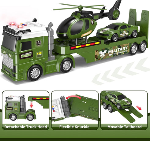 DWIRCTOYS 3 4 5 6 7 8 25" Kids Toys for Ages Years Old Boys, Large Army Semi Truck with Helicopter & Race Car, Friction