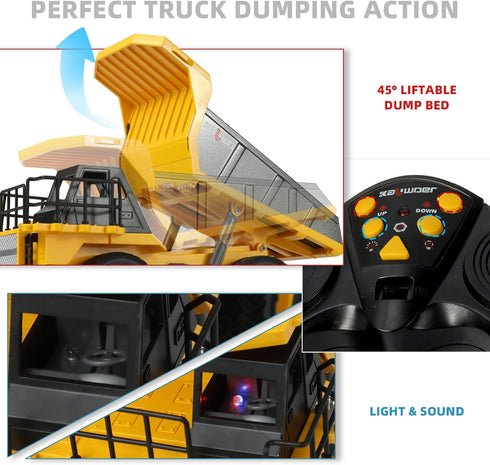 1*Rechargeable 2*AA 9-Channel Remote Control Dump Truck for Boys Adults, Metal Rc Dump Truck with Battery and Battery