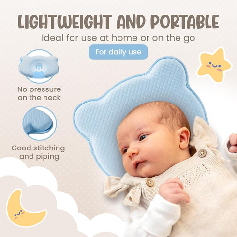 MarBoost Soft and Breathable Baby Pillow with Memory Foam and Bear Design (Blue)
