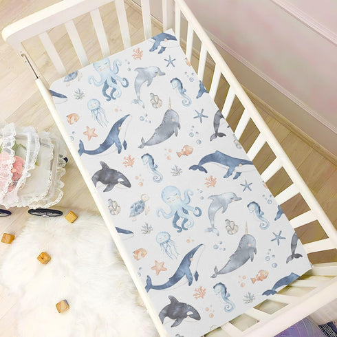 CHUROUSY 28x52 Inch Ocean Animal Crib Sheets for Boys Girl Whale Shark Dolphin Starfish Jellyfish Mattress Cover