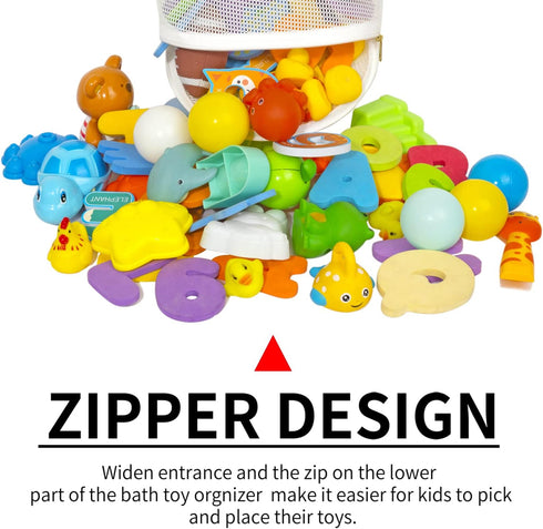 Large Capacity Baby Mesh Bath Toy Organizer, Extra Large Opening Bathroom Toy Storage, Bottom Zipper Bathtub Accessory