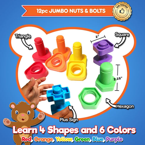 Set 2-in-1 12 12 Jumbo Beads & Bolts Game - Fine Motor Matching Educational Stringing & Twisting Toys for Toddlers