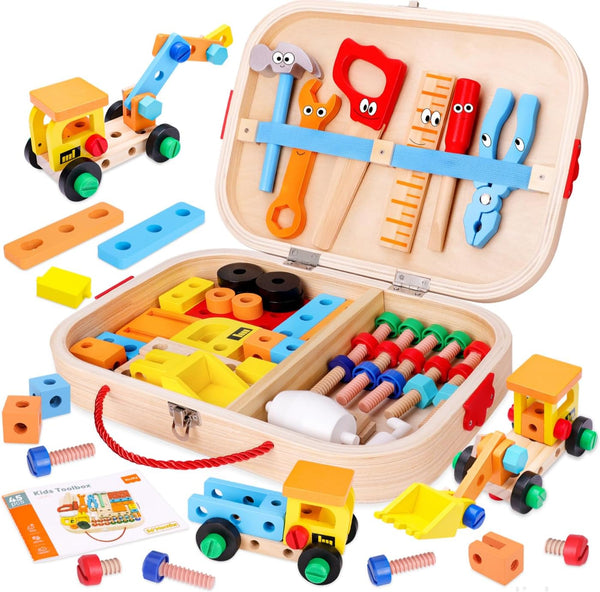 45 Pcs Kids Tool Set, Toddler Tool Box with STEM Construction Educational Toys for Ages 3-7, Wooden Kits