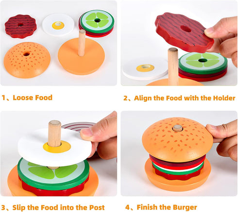 Wooden Burger Sandwich Stacking Toys - Play Food Toy for Toddlers, Montessori Educational Toy for 3 Year Olds