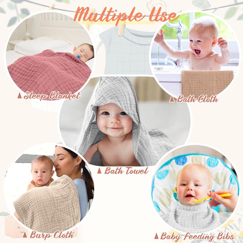 VitalCozy 12 Pcs Baby Muslin Hooded Bath Towels and Washcloths, Muslin Hooded Baby Towels Absorbent Blankets for Gift