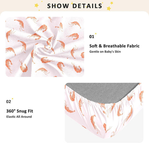 KEIGE Pack 21165118 Shrimp Seafood Fitted Crib Sheet for Girls and Boys,Soft Breathable Cotton N Play Baby Sheet