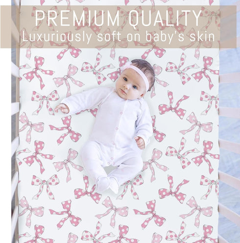 Selgkds 52''x28'' Pink Dot Bows Baby Crib Sheets for Girls Sweet Girly Bows Soft Stretchy Fitted Crib Mattress Covers