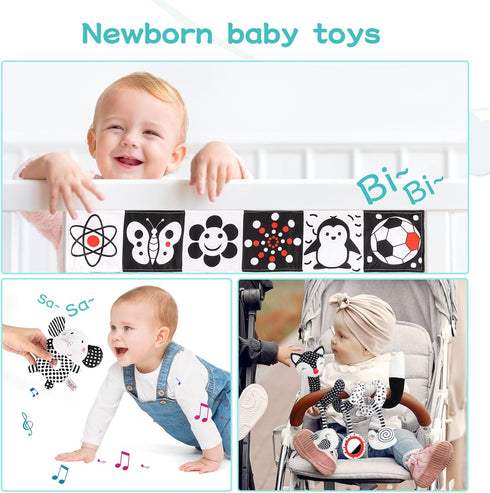 3 Pcs Car Seat Toys for Babies 0-6 Months, Black and White Hanging Rattle Toys for Crib Mobile, Infant Sensory