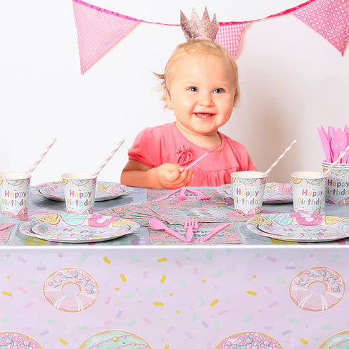 194 24 Pcs Donut Ice Cream Birthday Party Decorations Supplies Guest Disposable Dinnerware with Tablecloth Paper Plates
