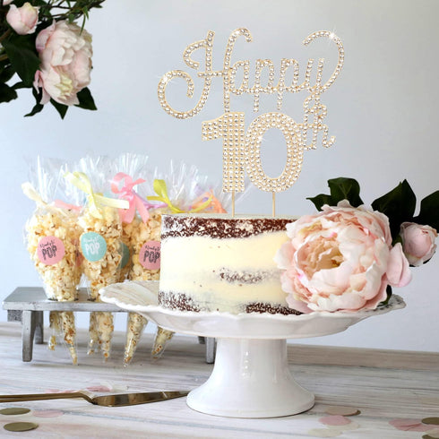 LINGTEER Happy 10th Birthday Gold Rhinestone Cake Topper - Cheers to 10 Years Old Party Centerpieces Decorations