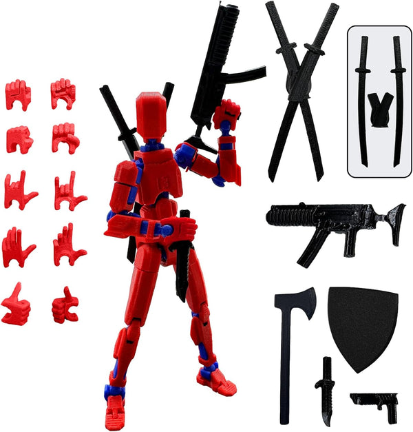 3D Printed Figure Dummy13, 5.54-inch with Weapon Expansion Set, Full Body Movable Toy, Desk Decoration (Red)