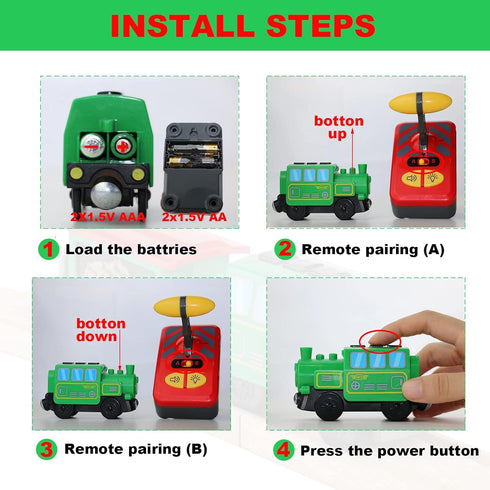 Battery Operated Locomotive Train Set for Wooden Tracks, Electric Remote Control Cars with Light & Sound