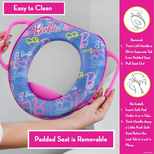 Barbie Soft Potty Training Seat for Toilet with Storage Hook, Cushioned Non-Slip Potty Ring with Splash Guard, Built