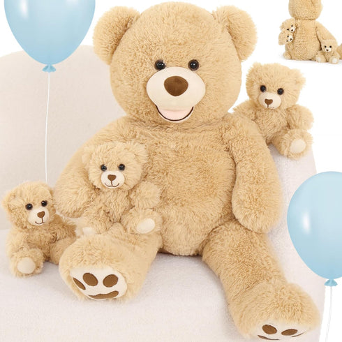 MorisMos 28 in Big Teddy Bear Stuffed Animal Mommy with 3 Baby Bears, 4 Packs Classic Brown Plush Toy Set