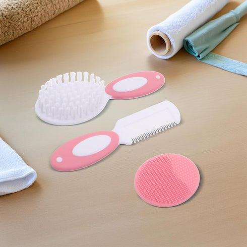 Set Mikinona Scalp Brush and Nylon Comb for Newborns and Infants, Pink, Soft Silicone Scrubber, Suitable for Wet