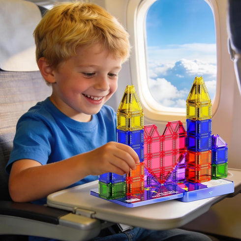 3-8, 60pcs Mini Magnetic Tiles Travel Kit for Kids Ages Portable Magnetic Building Blocks with Visual Storage Guide