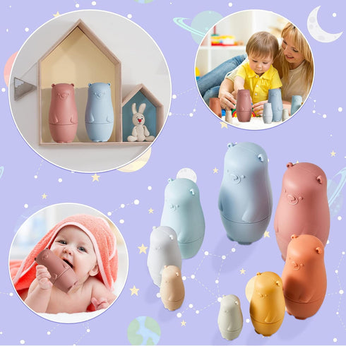 Chivao 8 Pieces Educational Russian Nesting Dolls, Silicone Matryoshka Stacking Dolls for Toddlers, Baby Teether (Bear)
