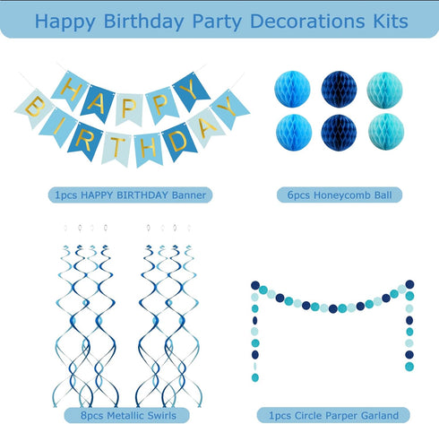 Blue Birthday Decorations with Happy Birthday Banner, Paper Honeycomb Balls, Circle Garland, Hanging Swirl Decorations