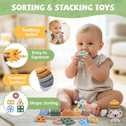 6-in-1 0-6 6-12 1-3, Set 6 YHHYTOY Montessori Baby Toys Months, Infant Teething Toys Soft Stacking Blocks Rings Shape