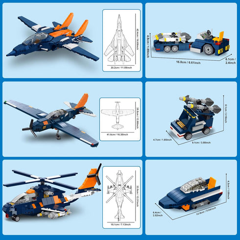 3 1 Sets, 10+, 738PCS HOGOKIDS in Fighter Jet Plane Building Military Propeller Aircraft Gunship Building Toys