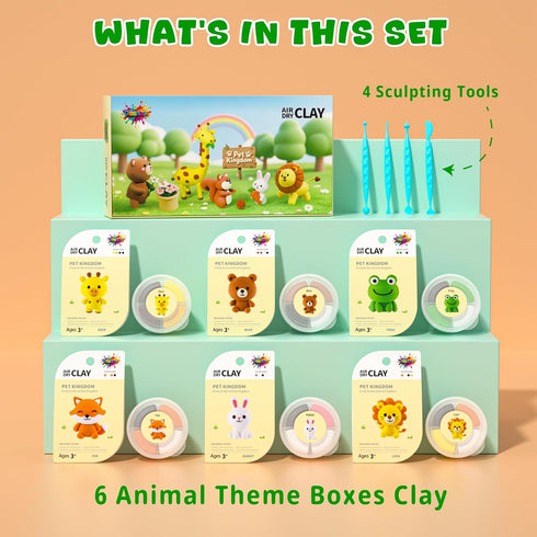 Diosnase 6 Air Dry Clay for Kids - Animal Themed Modeling Clay Kit, Model Magic Clay with Sculpting Tools