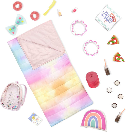 Glitter Girls Sleepover Party & Backpack Set - Tie-Dye Sleeping Bag, Rainbow Pillow, Pizza Play Food, 14-inch Doll