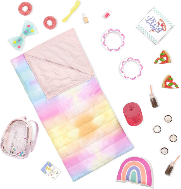 Glitter Girls Sleepover Party & Backpack Set - Tie-Dye Sleeping Bag, Rainbow Pillow, Pizza Play Food, 14-inch Doll