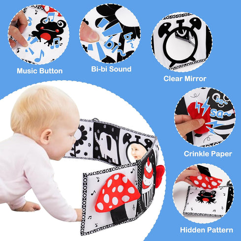 Black and White High Contrast Toys for Baby - Infant Tummy Time Soft Book, Sensory Musical Toy for Brain Development