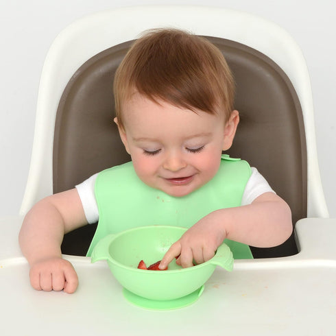 PrimaStella Unbreakable Silicone Non-Slip Bowl and Chew Spoon Set for Babies and Toddlers (Green)