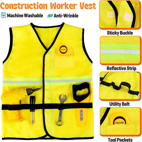 HUUIDY Set, 4+ Construction Worker Costume for Kids, Toddler Dress Up Clothes with Kids Tool Construction Vest & Hat