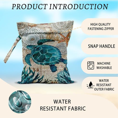 HZMLYDJ 12x10 Inch, Turtle Wet Bags Sea Weed Waterproof Travel Laundry Bags, Shell Washable Reusable Wet Dry Bag
