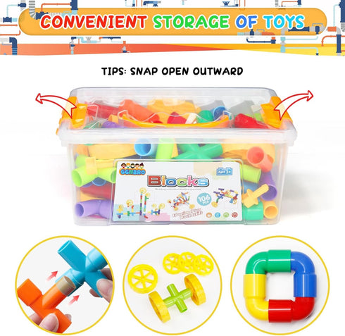 STEM Building Toy for Toddlers, Tube Pipe Educational Blocks Toy with Storage Box for Ages 3+