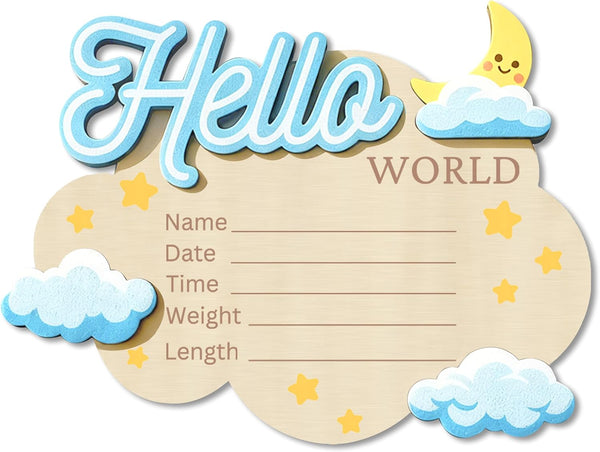 Yezirzax Baby Announcement Sign, 6.1 4.72 Inch Cloud Shape Wooden Hello World Newborn