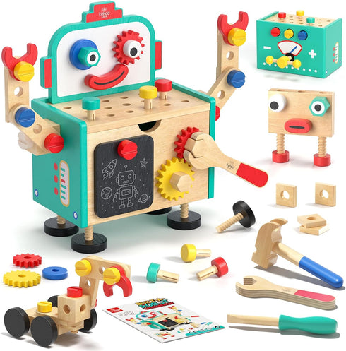 Lehoo Castle Kids Tool Set, Wooden Mini Toddler Tool Bench with Blackboard,