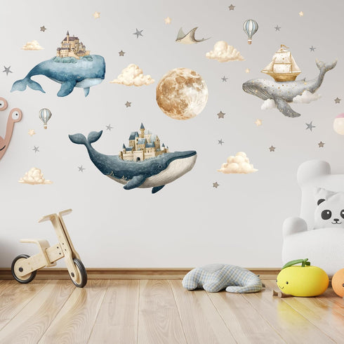 Under The Sea Whales Wall Decal Sticker,Ocean Nursery Wall Sticker,Watercolor Whale, Hot air Balloons, Castle Art Decor