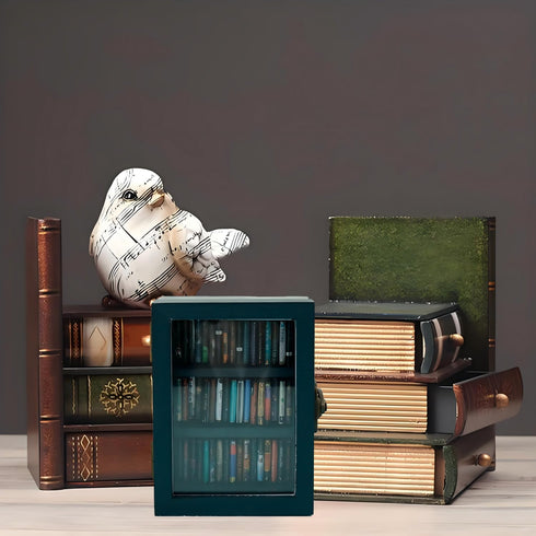 SIHPTO 60pcs Anxiety Mini Bookshelf Ornament Small Bookshelf Miniature Library with Mini BooksDoll House Decor Shake