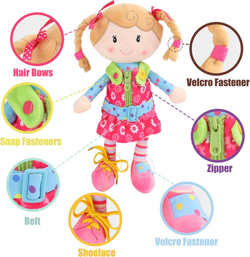 Sugar Snap Plush Learn to Dress Doll for Toddlers - 15" - Montessori Gift for 2 Year Old Girl