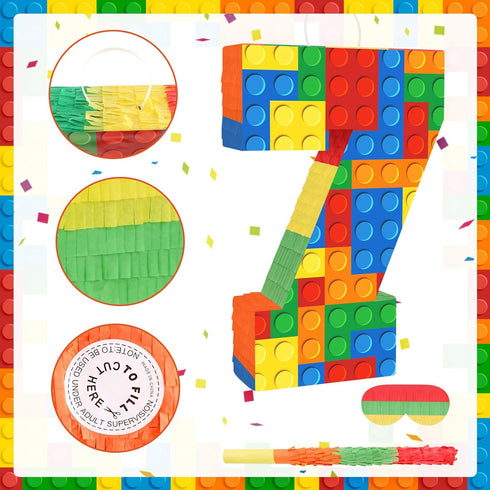 Lemicin 7 7th 16 10.6 3 Number Pinata Building Blocks with Pinata Stick Blindfold Birthday Party Decorations Happy