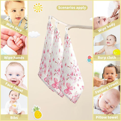 Nander 3Pack Baby Muslin Washcloths,Cherry Blossoms and Bows Soft Face Cloths for Newborn, Absorbent Bath Wash Cloths