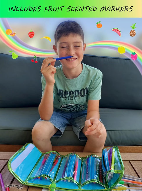 NUMI'SMILE Dinosaur Pencil Case with Fruit Scented Markers Art Set, Gifts for Boys Ages 3-9, Dino Coloring Supplies