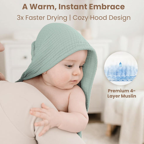 2-Pack 100% Leafy,32" 32") Konssy Muslin Hooded Baby Towels, Cotton, Ultra-Soft & Absorbent Baby Bath Towels with Hood