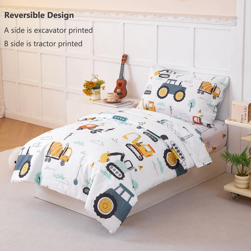 Set, 4 Sets Set PERFEMET Car Printed Toddler Comforter Pieces Toddler Bedding for Boys, Reversible Tractors Pattern